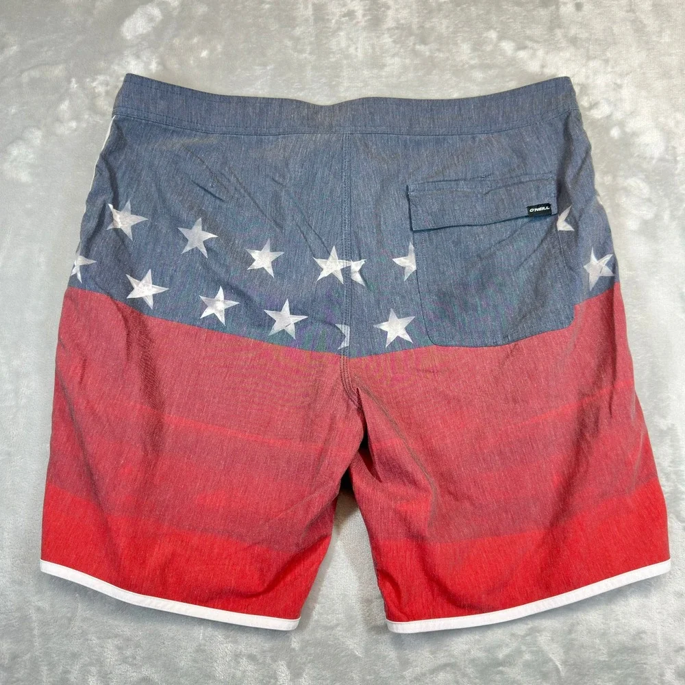 O'Neill Board Shorts Mens 38 Red Blue Stars Patriotic Hyperfreak Stretch Trunks